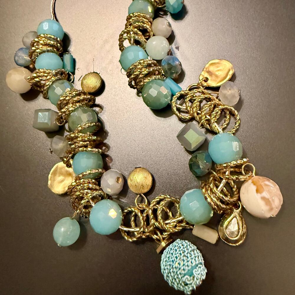 Coastal Inspired Aqua Blue Gold & White Beaded Necklace - Picture 10 of 10